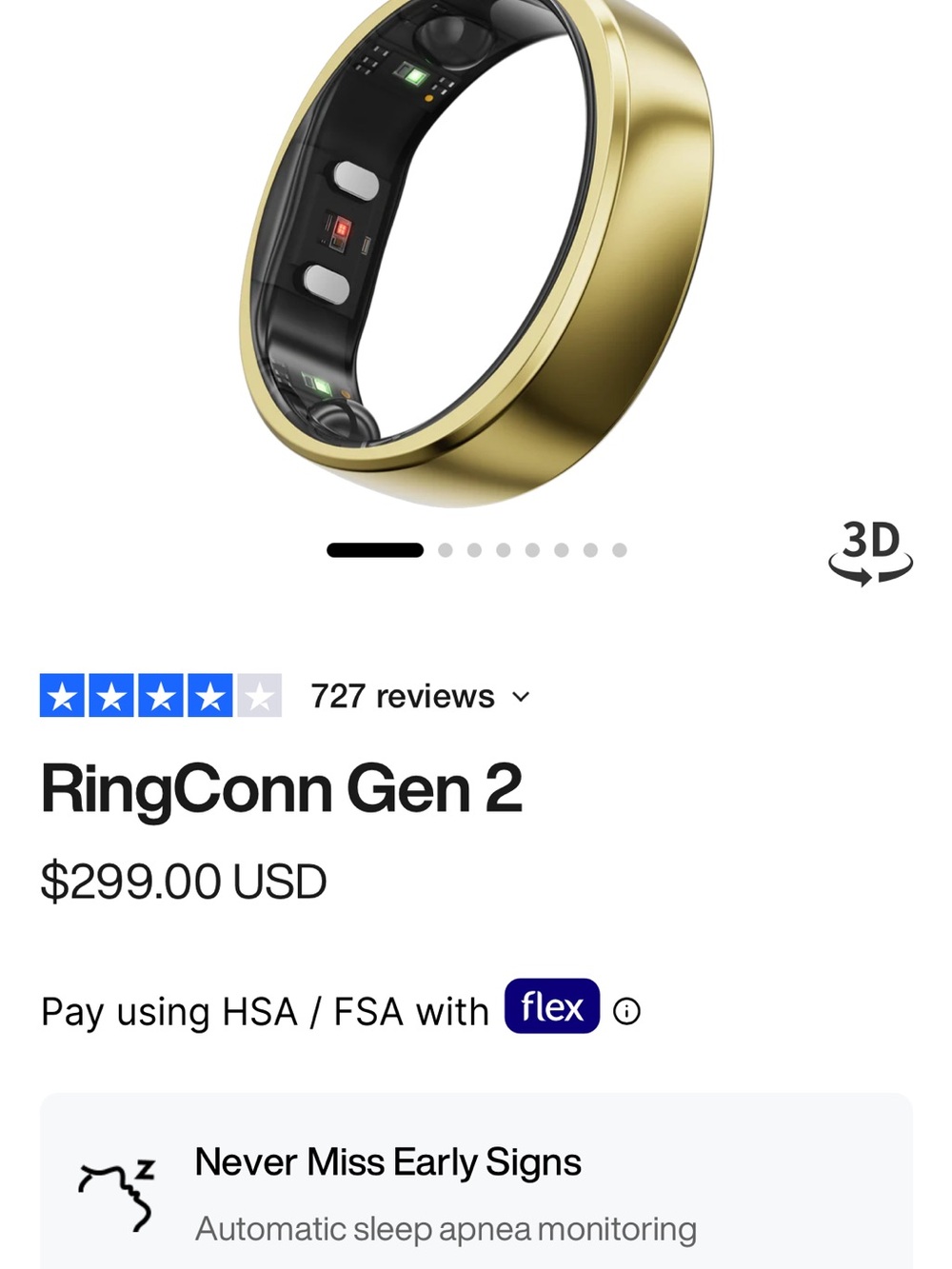 RingConn Gen 2 Smart Health Ring — Gold size 8